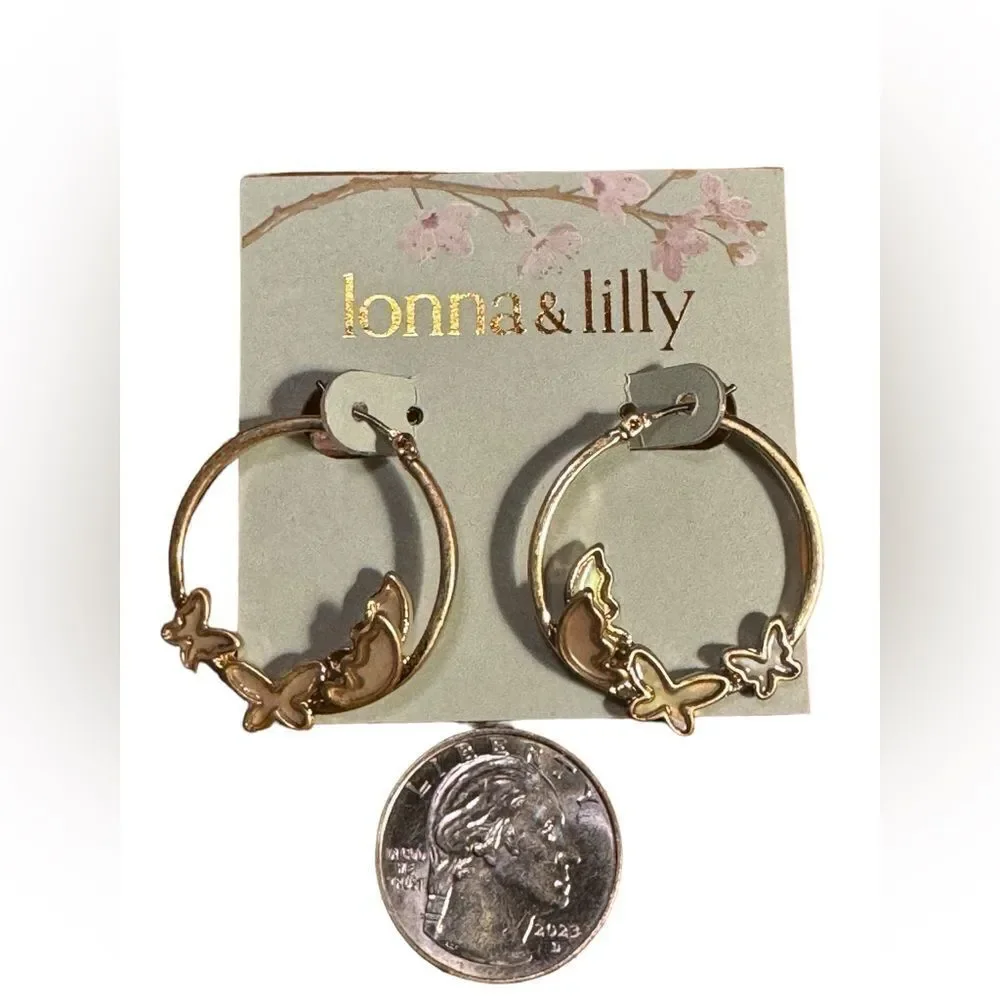 NWT Lonna & Lilly Gold-Tone Enamel Butterfly Medium Hoop Earrings, 1.2